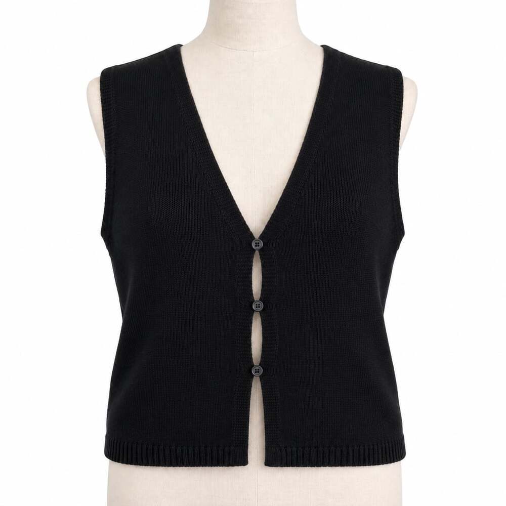 Joe Fresh Women’s M Black Knit Sweater Vest Button Front V Neck 100% Cotton